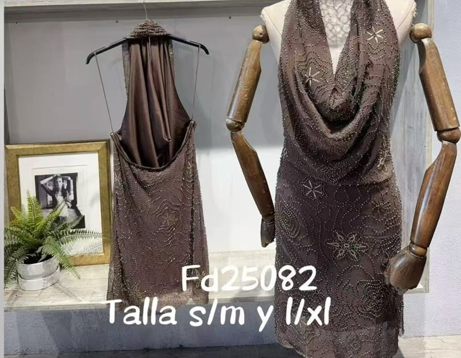 Star-Embellished Cowl Neck Halter Mini Dress – Chocolate Brown