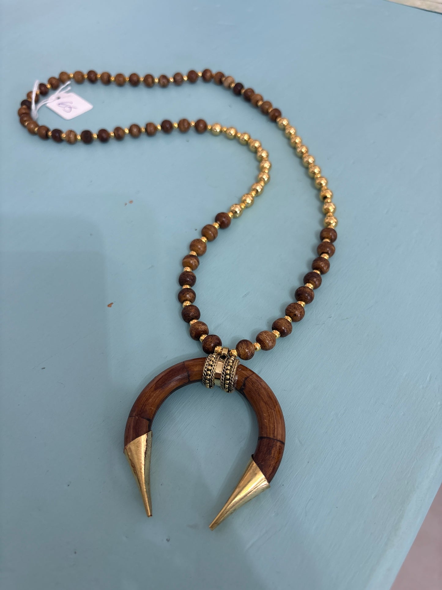 Boho wood and gold pendant necklace