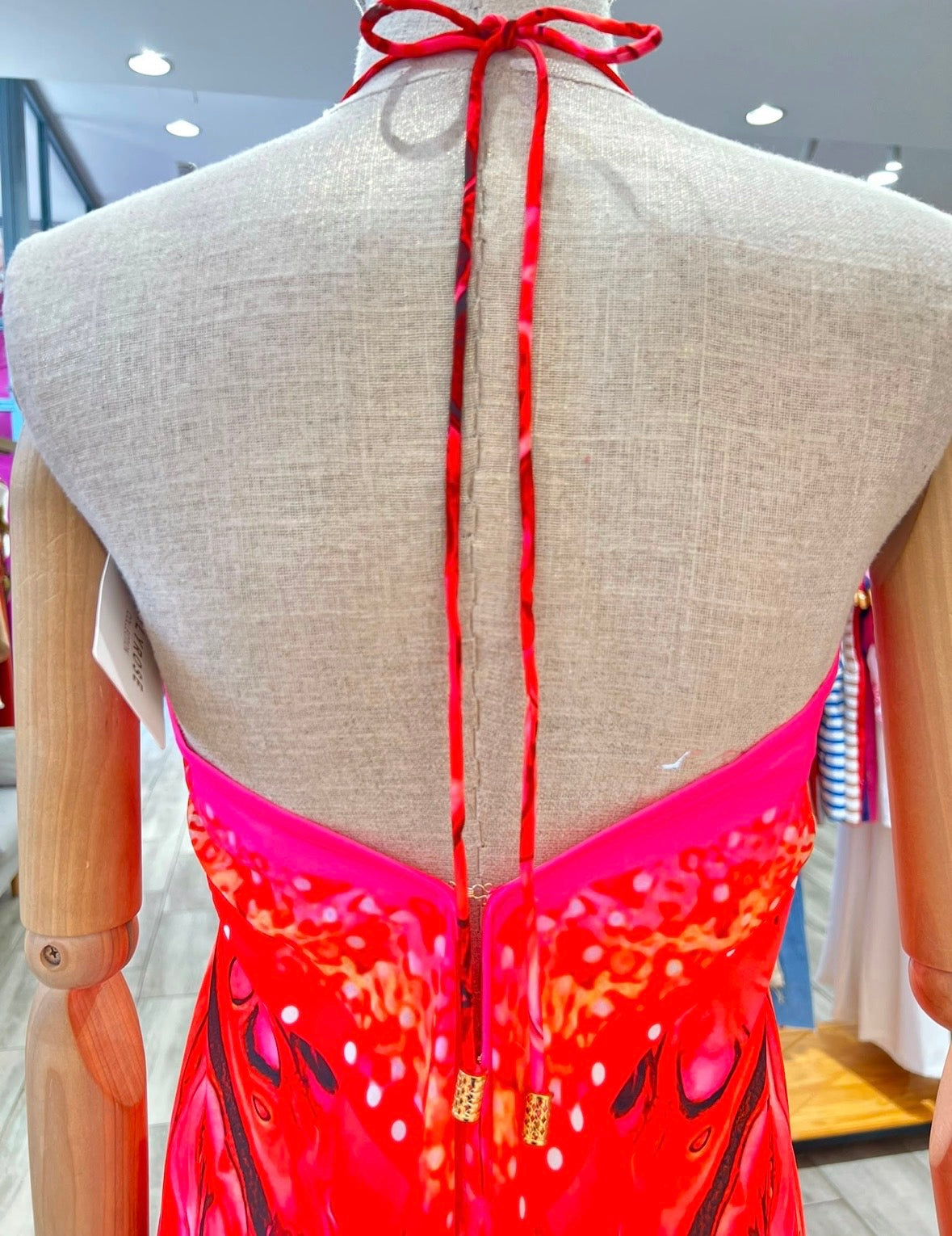 Pink & Orange Abstract Print Halter Maxi Dress