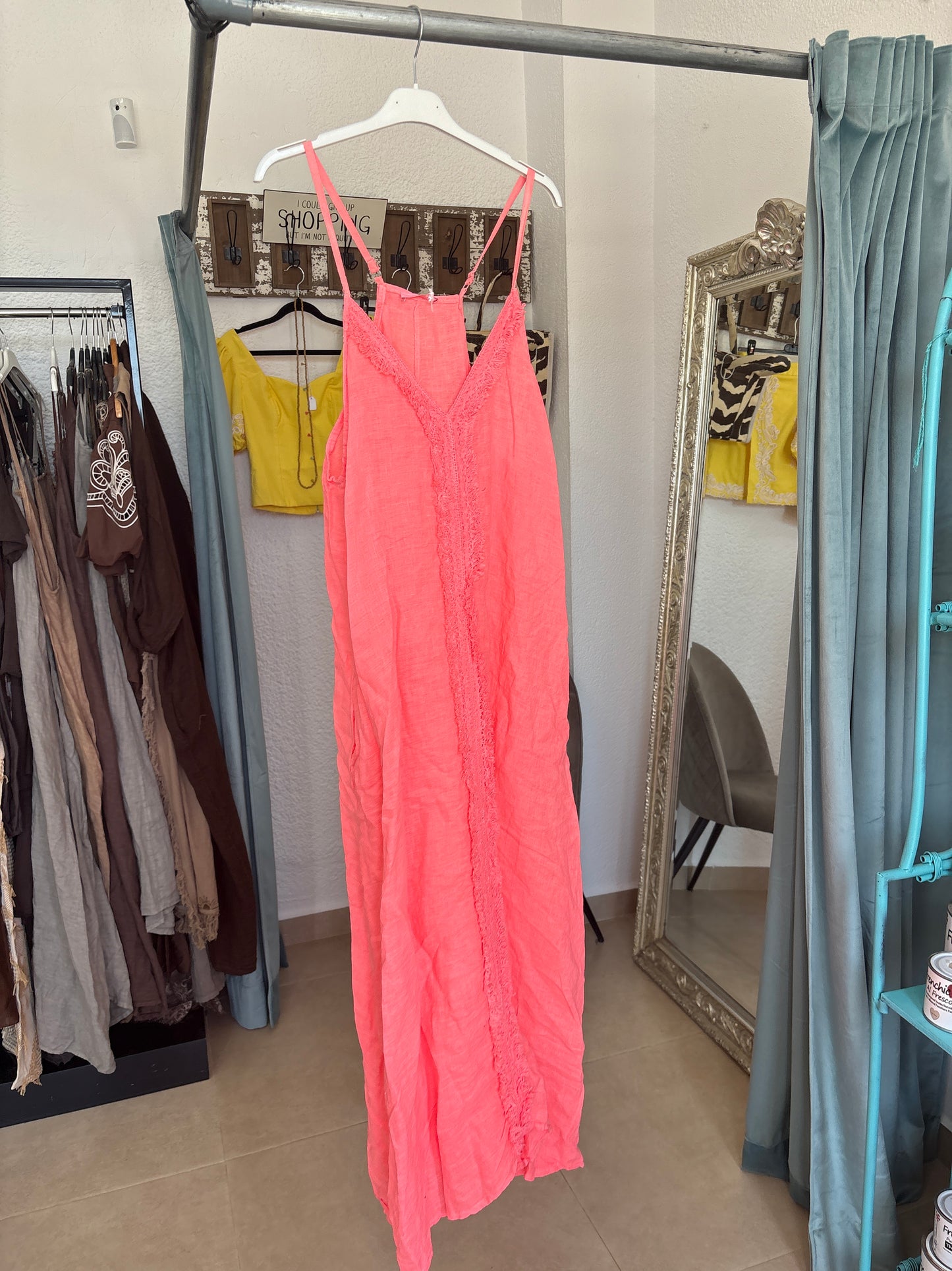 Linen Maxi Dress with Fringe Trim
