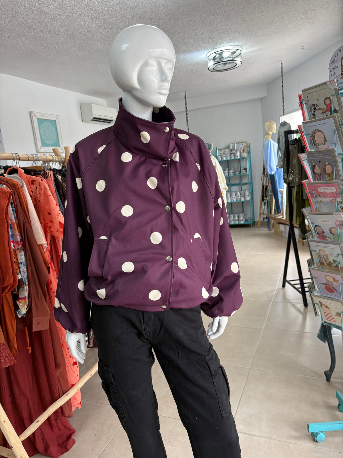 Polka Dot Funnel-Neck Bomber Jacket