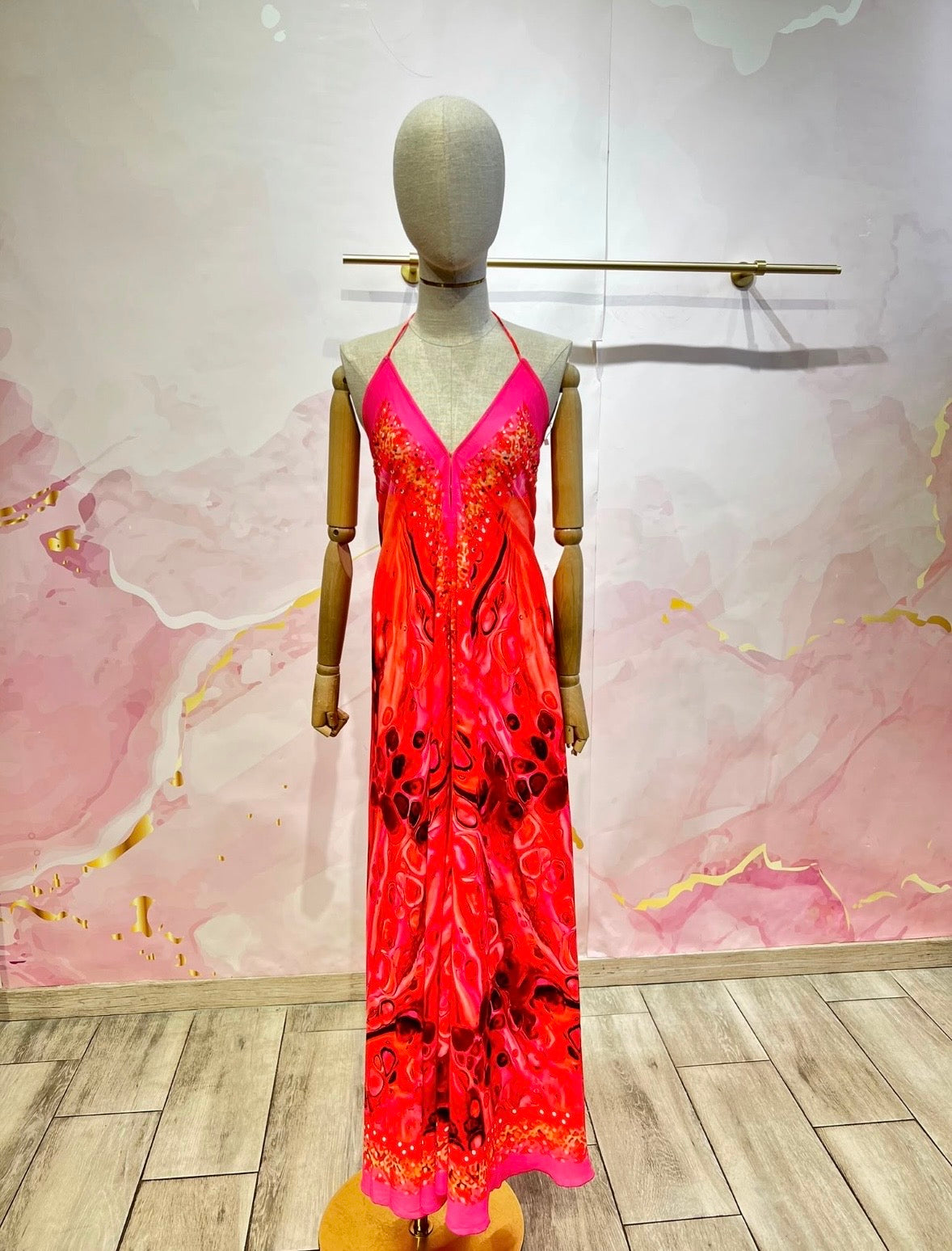Pink & Orange Abstract Print Halter Maxi Dress