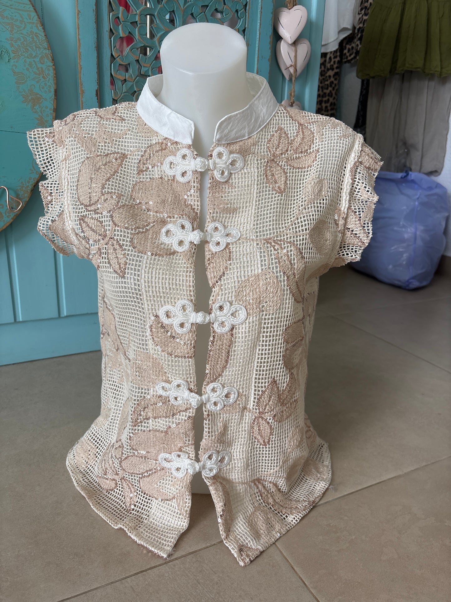 Embroidered Floral Mesh Mandarin Collar Vest