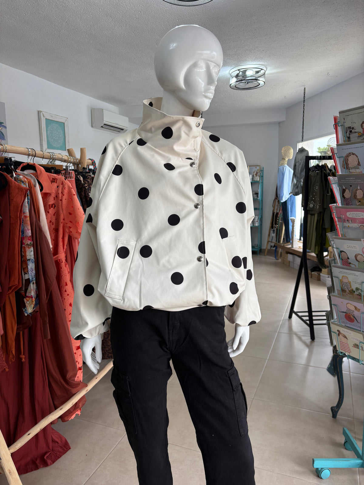 Polka Dot Funnel-Neck Bomber Jacket