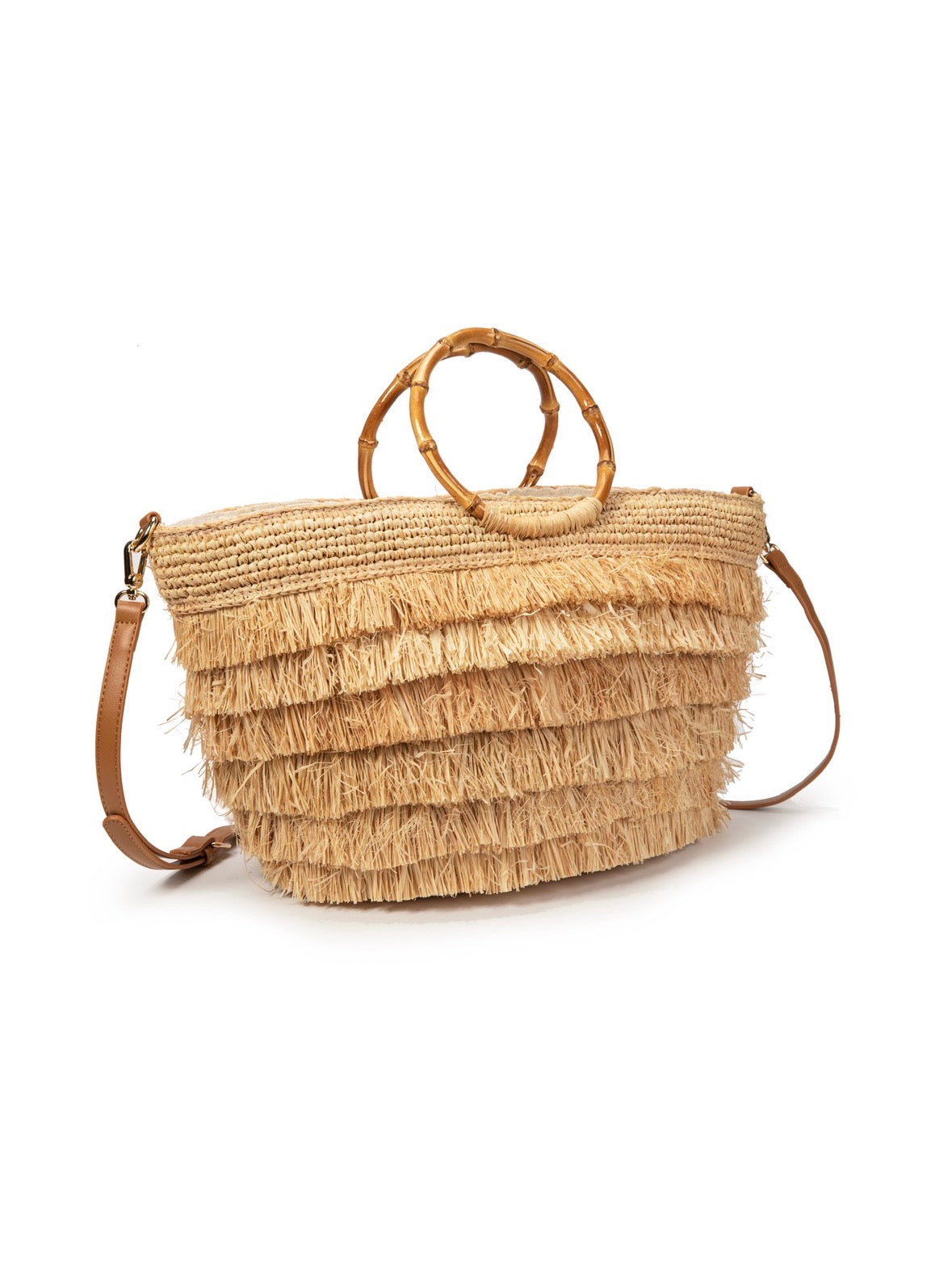 Raffia Fringe Tote Bag with Bamboo Ring Handle