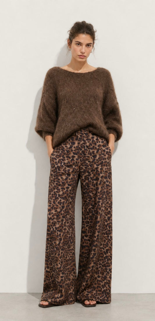Leopard Print Wide-Leg Trousers — Moleskin Suedette