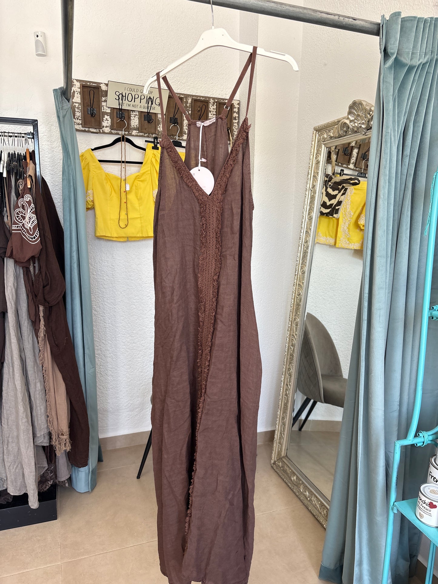 Linen Maxi Dress with Fringe Trim
