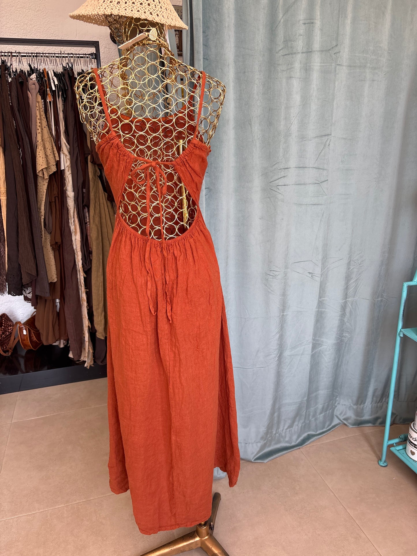 Linen Midi Dress – Backless Tie Detail