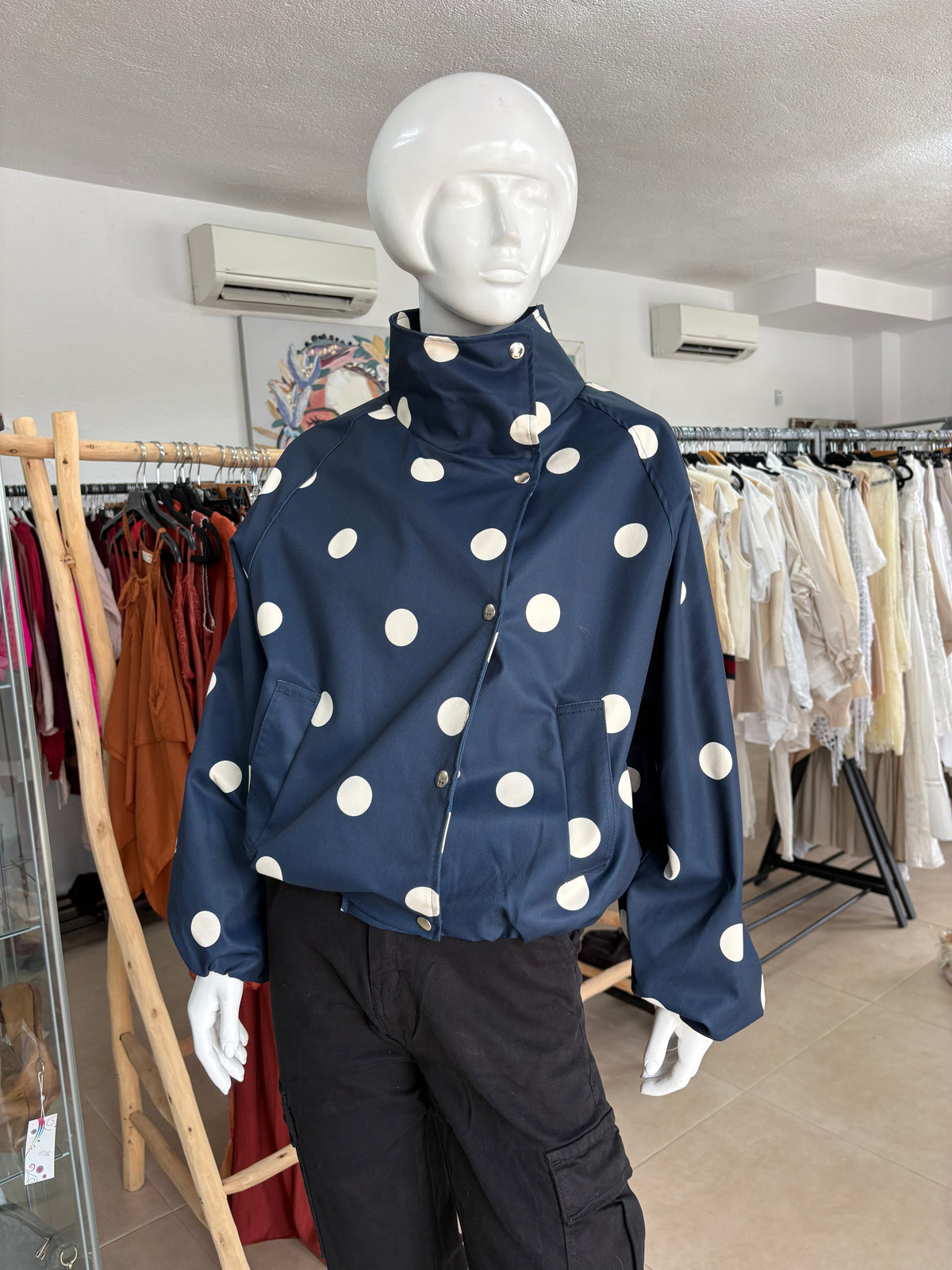 Polka Dot Funnel-Neck Bomber Jacket