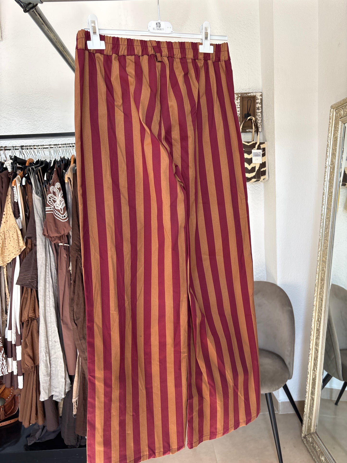 Striped Wide-Leg Trousers – Burgundy & Camel