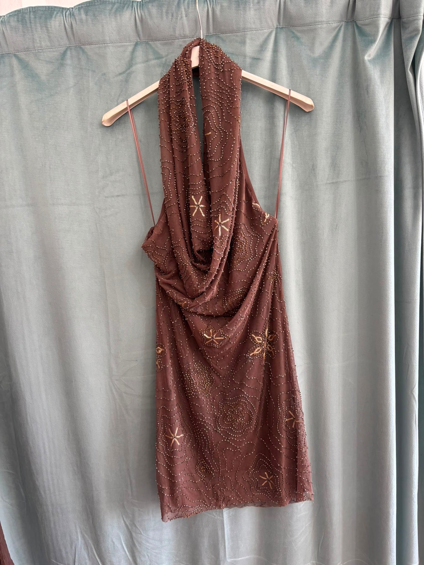 Star-Embellished Cowl Neck Halter Mini Dress – Chocolate Brown