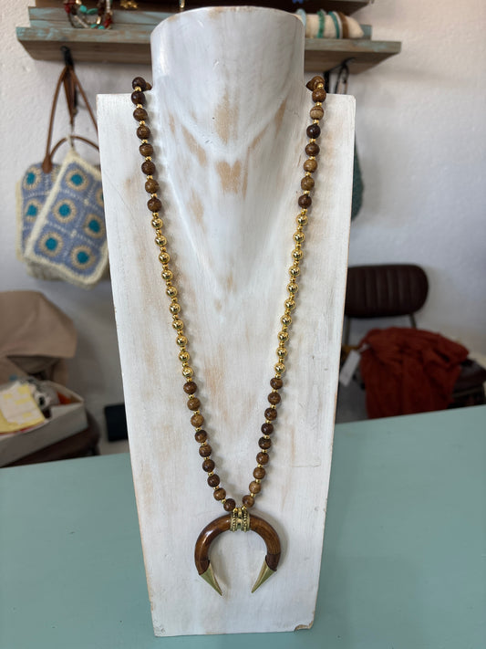 Boho wood and gold pendant necklace