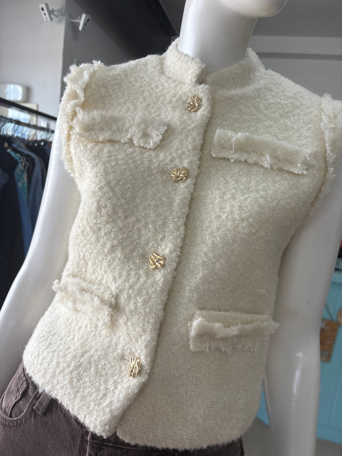 Cream Bouclé Waistcoat with Gold Buttons