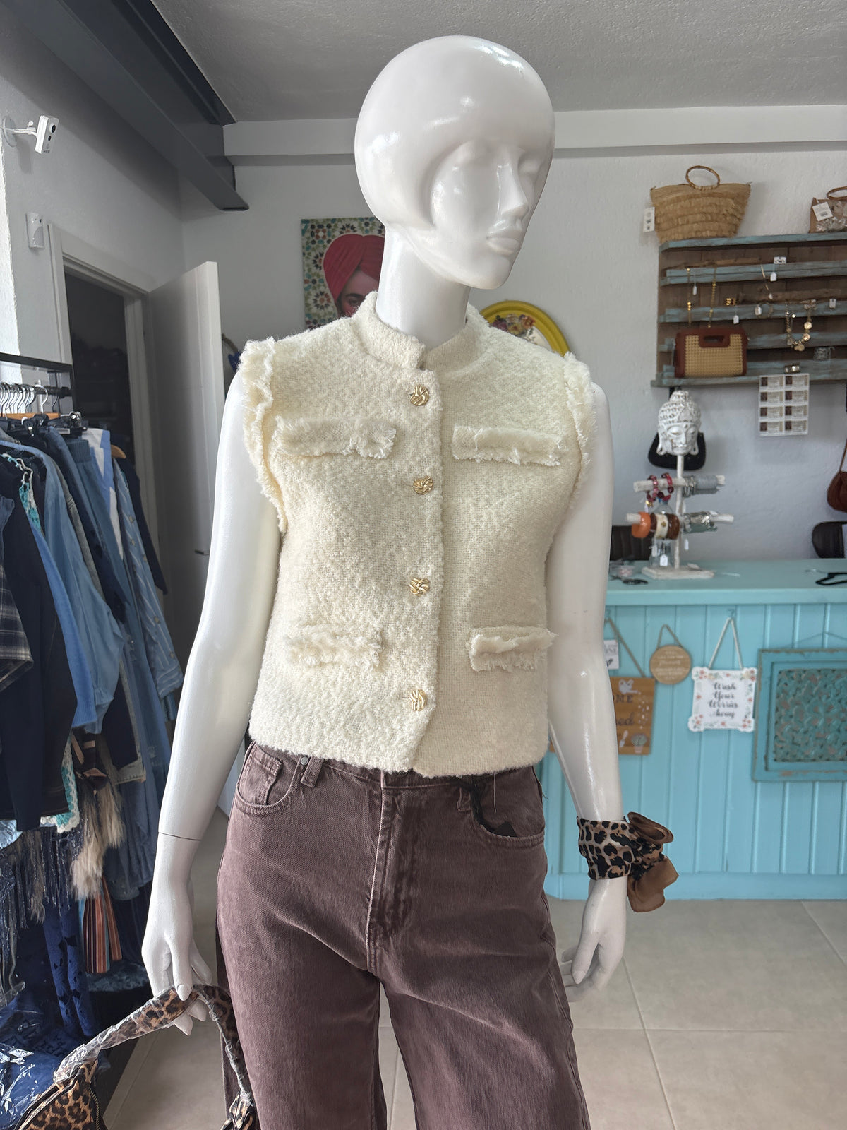 Cream Bouclé Waistcoat with Gold Buttons