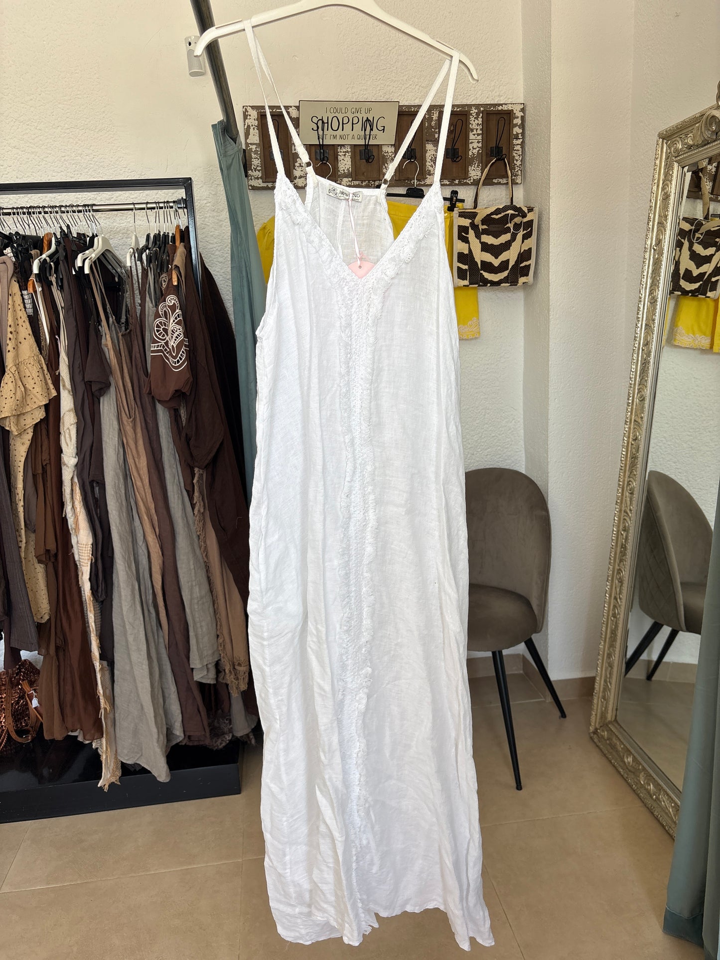 Linen Maxi Dress with Fringe Trim