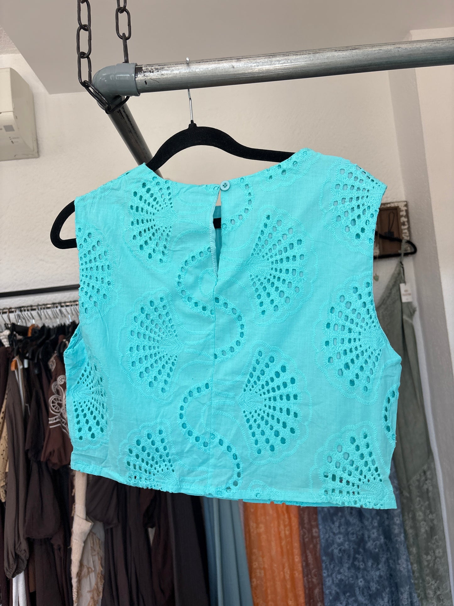 Aqua Broderie Anglaise Co-ord Set – Cropped Top & Slit Maxi Skirt
