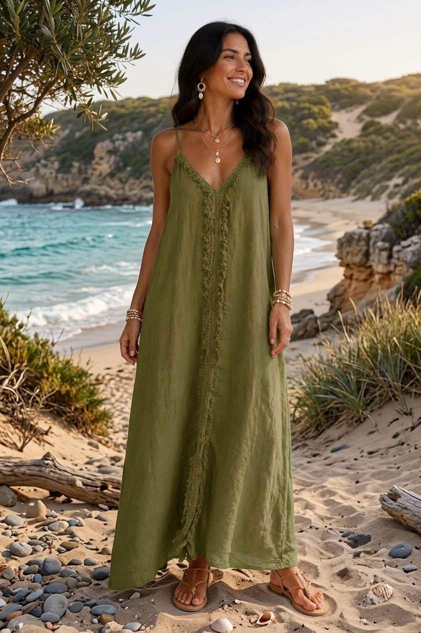 Linen Maxi Dress with Fringe Trim