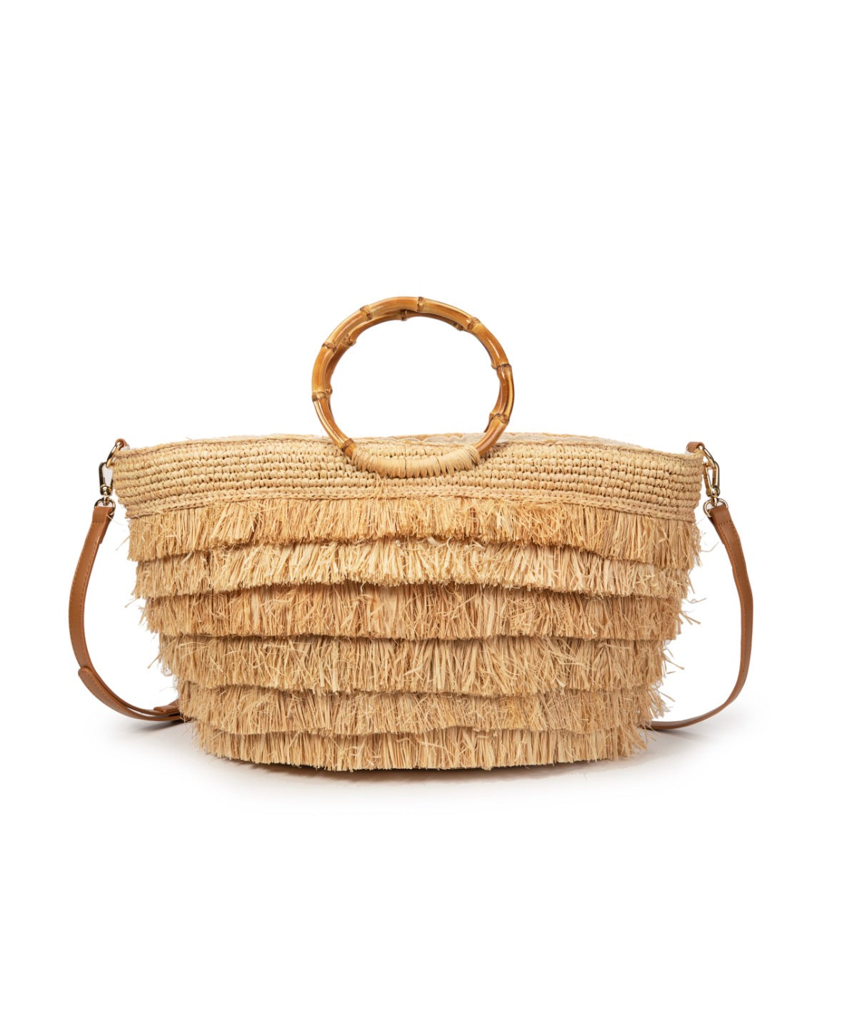 Raffia Fringe Tote Bag with Bamboo Ring Handle