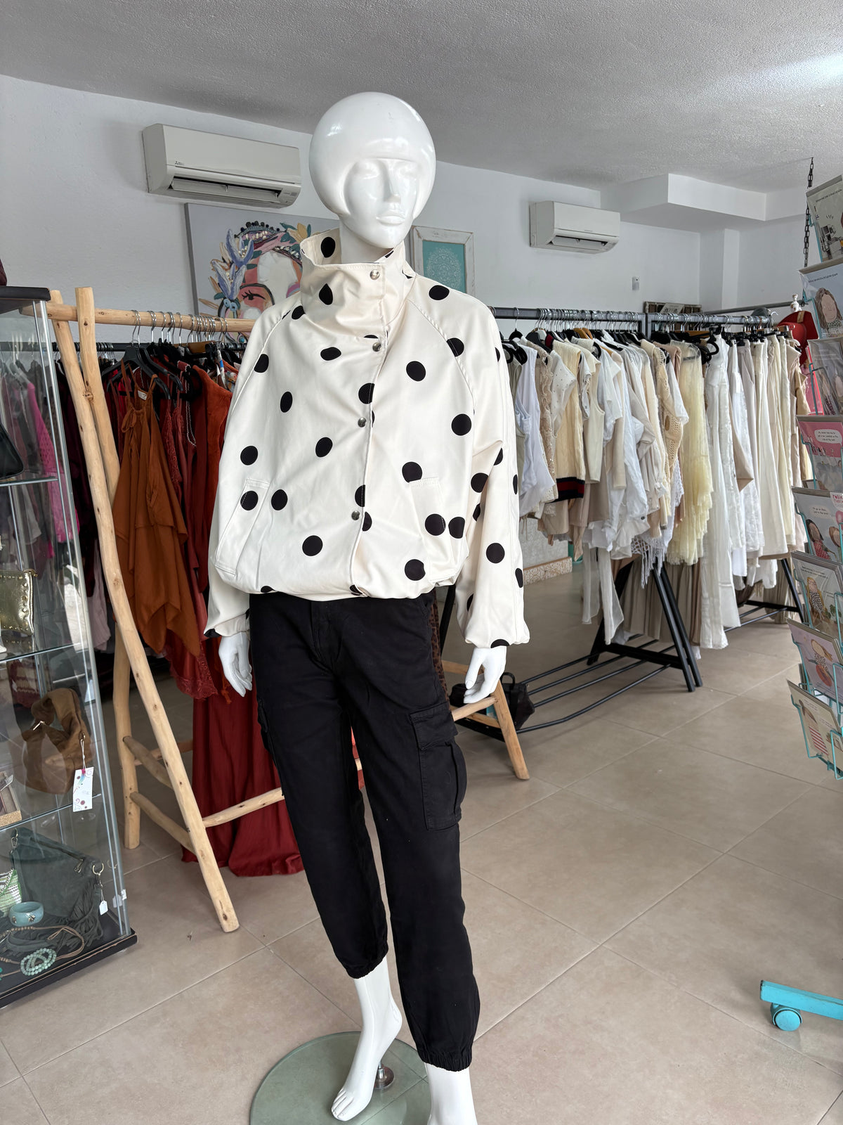 Polka Dot Funnel-Neck Bomber Jacket