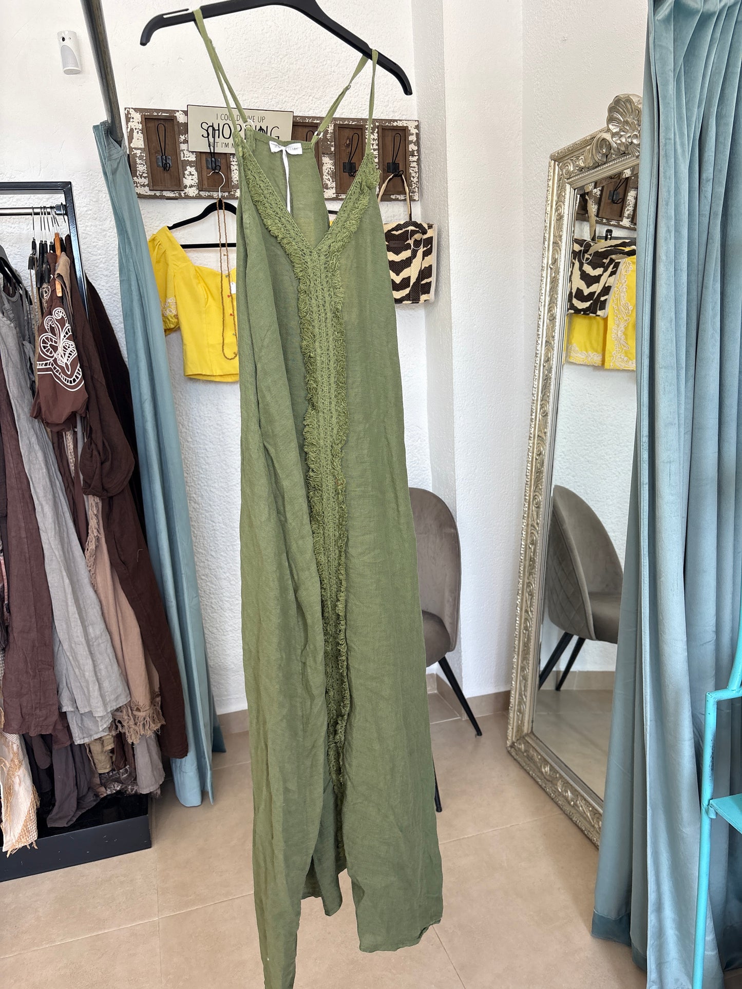 Linen Maxi Dress with Fringe Trim