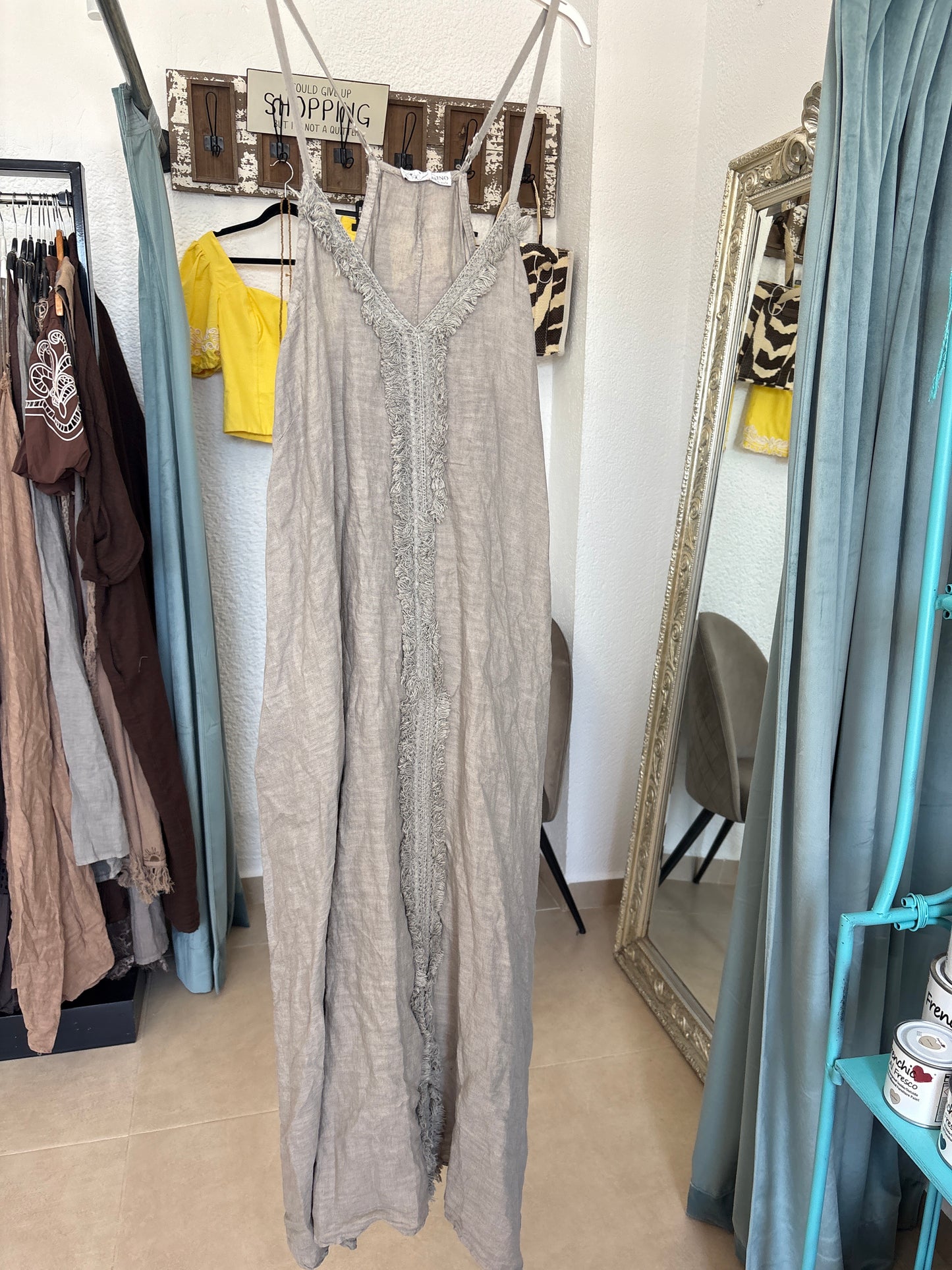 Linen Maxi Dress with Fringe Trim