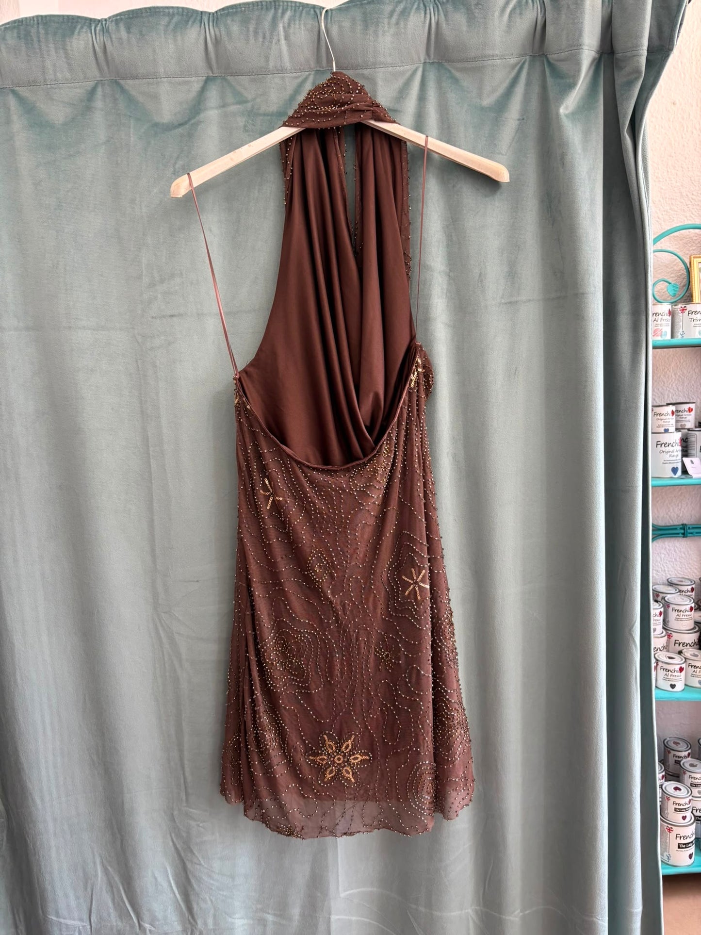 Star-Embellished Cowl Neck Halter Mini Dress – Chocolate Brown