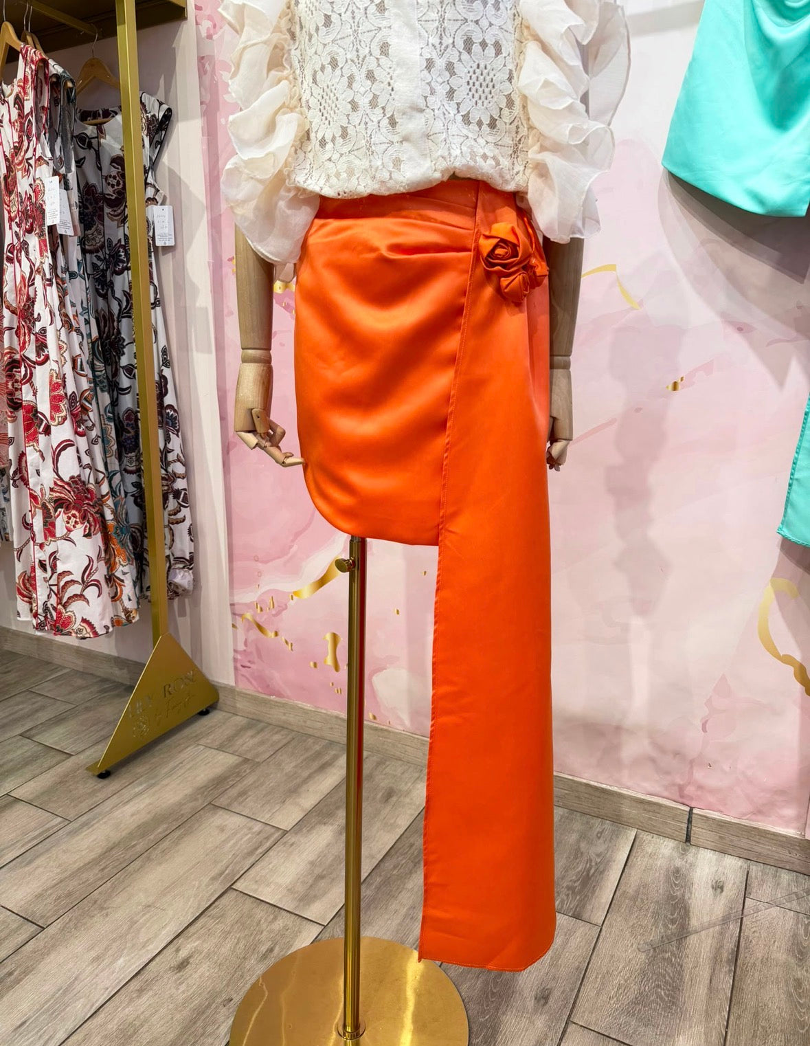 Orange Mini Skirt with Rosette Detail