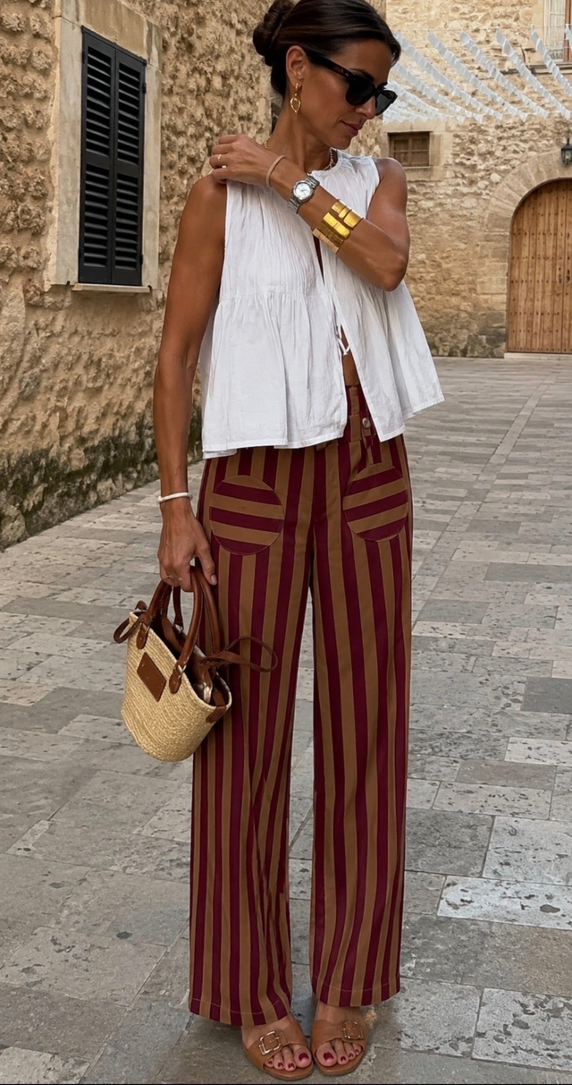 Striped Wide-Leg Trousers – Burgundy & Camel
