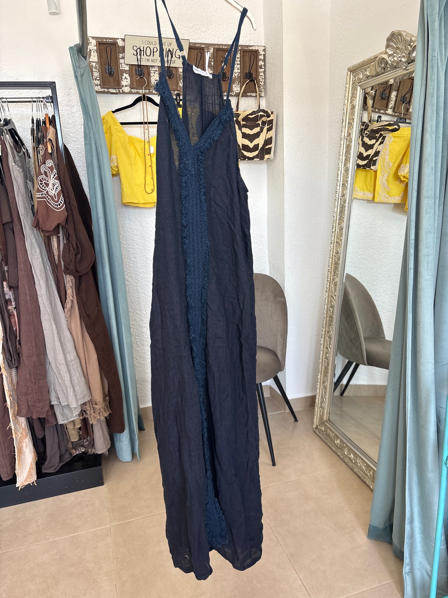 Linen Maxi Dress with Fringe Trim