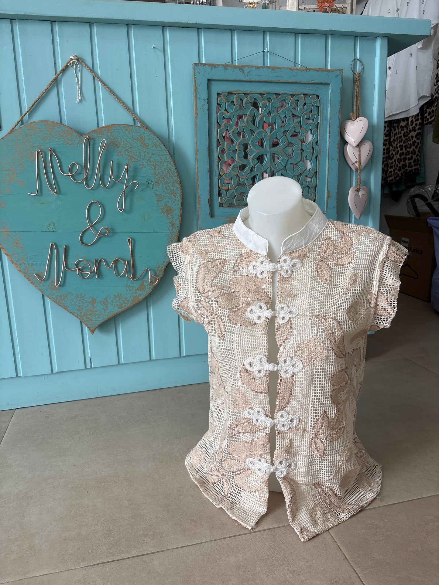 Embroidered Floral Mesh Mandarin Collar Vest