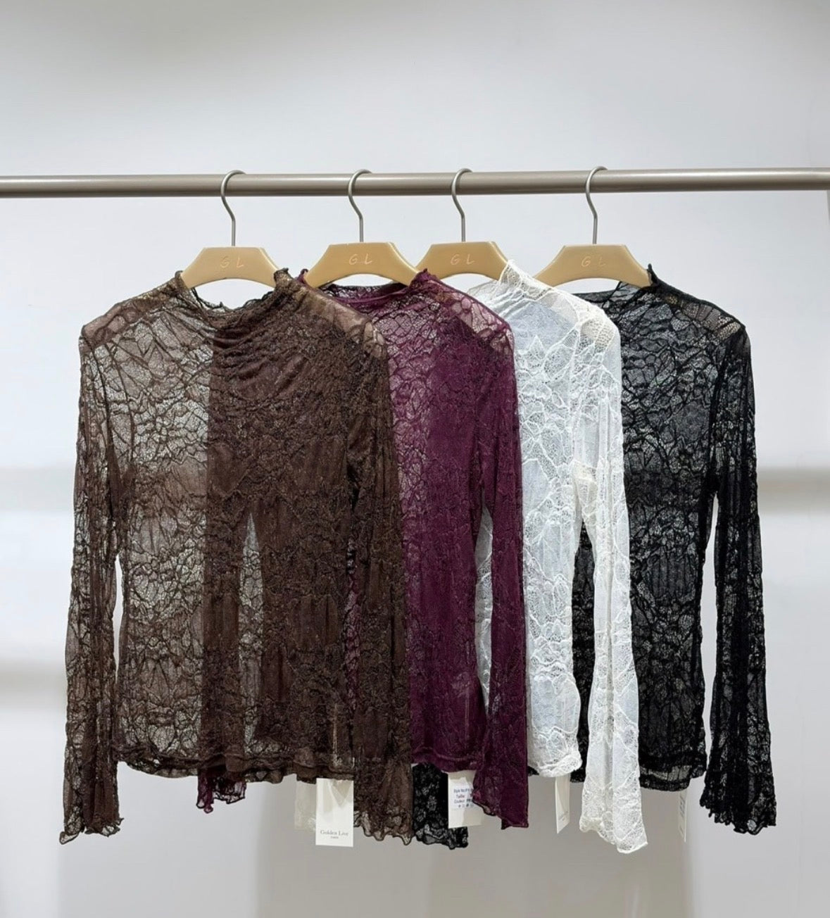 Sheer Crinkle Lace Long-Sleeve Top