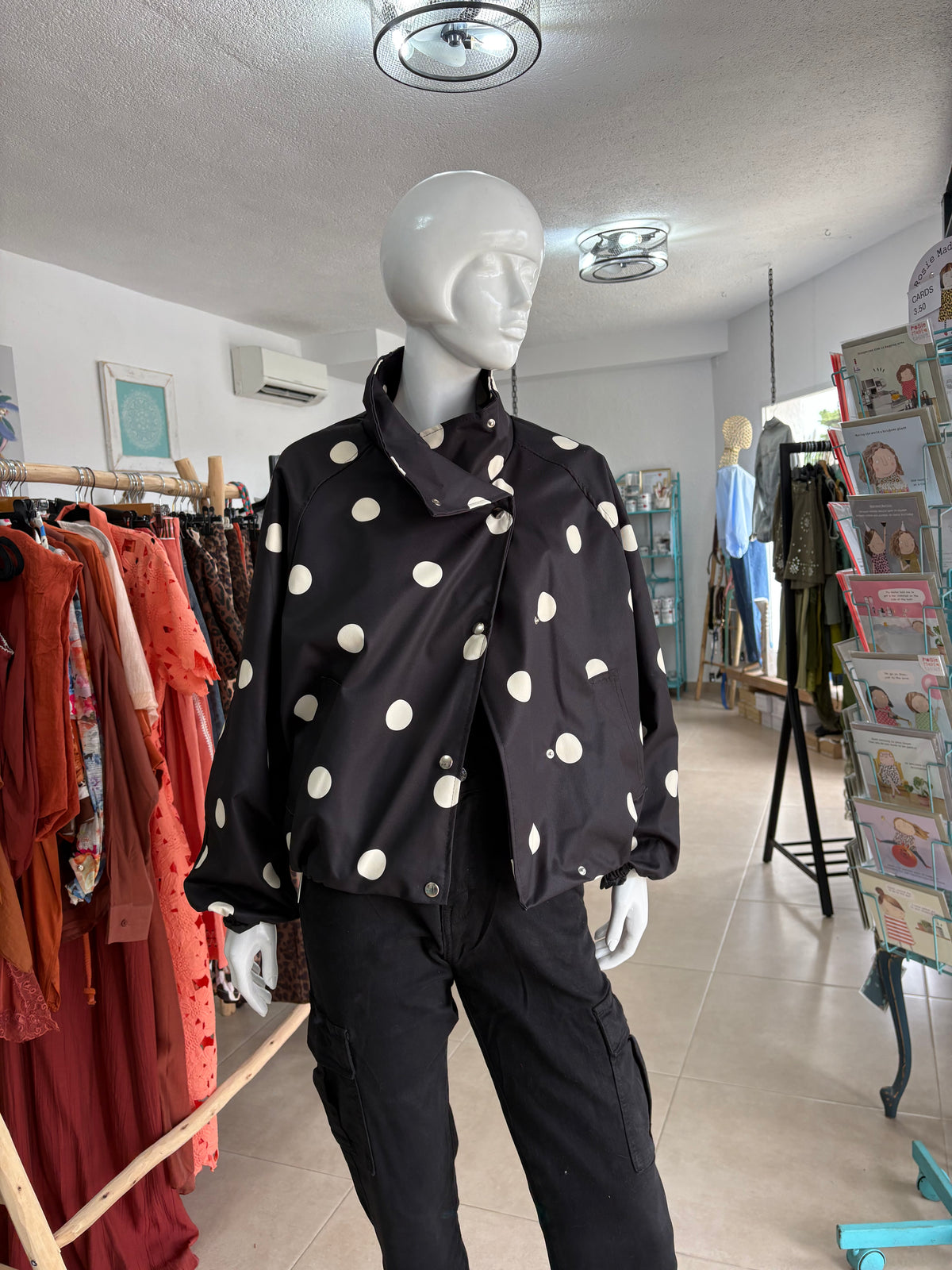 Polka Dot Funnel-Neck Bomber Jacket