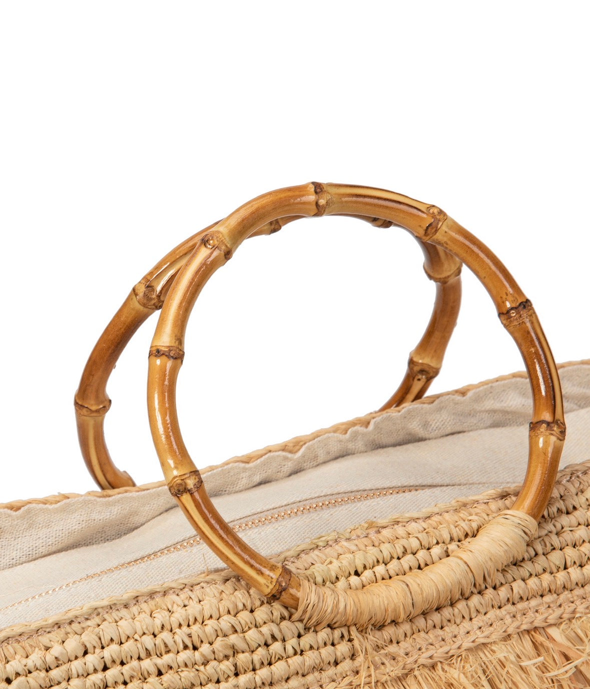 Raffia Fringe Tote Bag with Bamboo Ring Handle