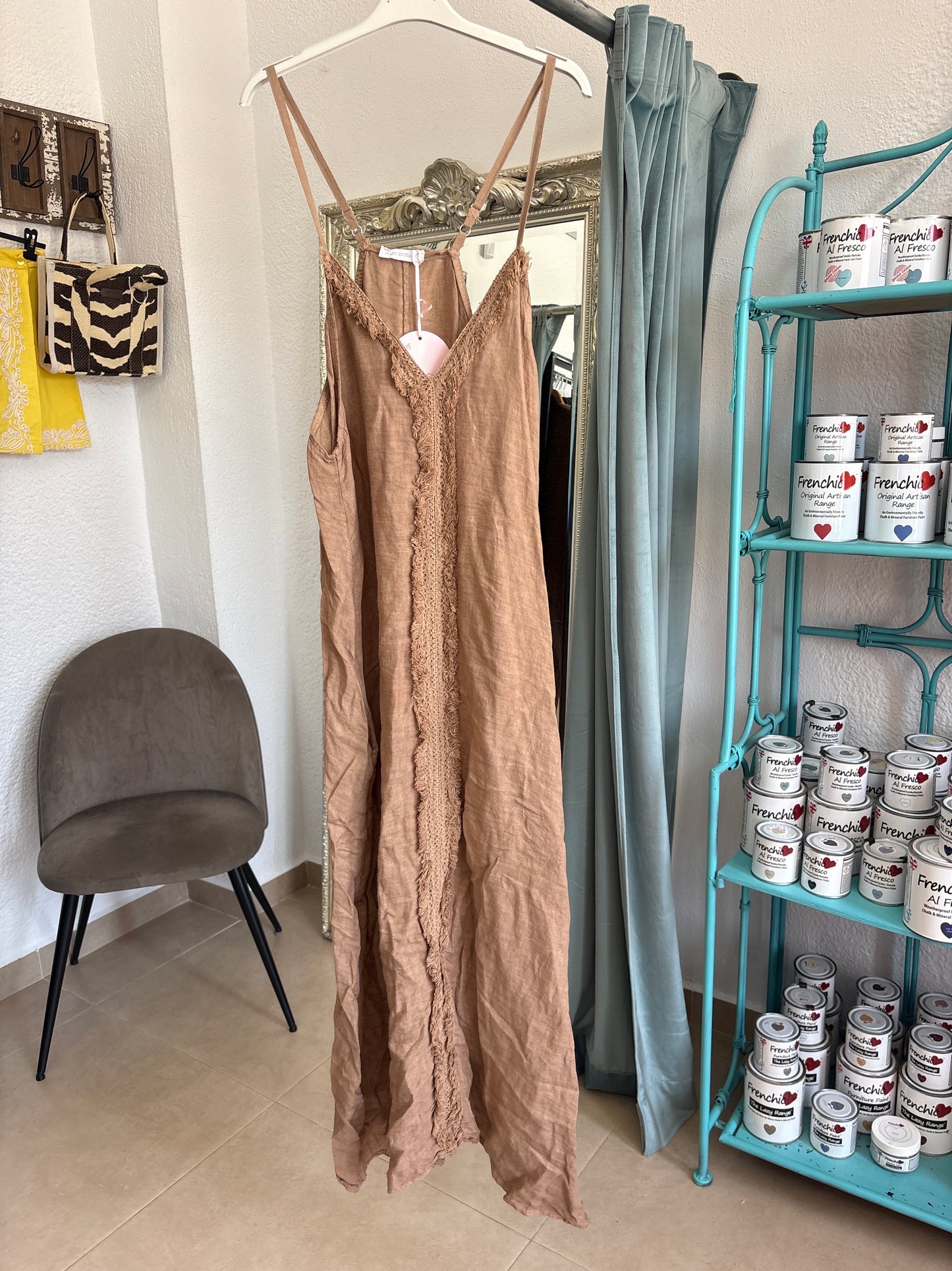 Linen Maxi Dress with Fringe Trim
