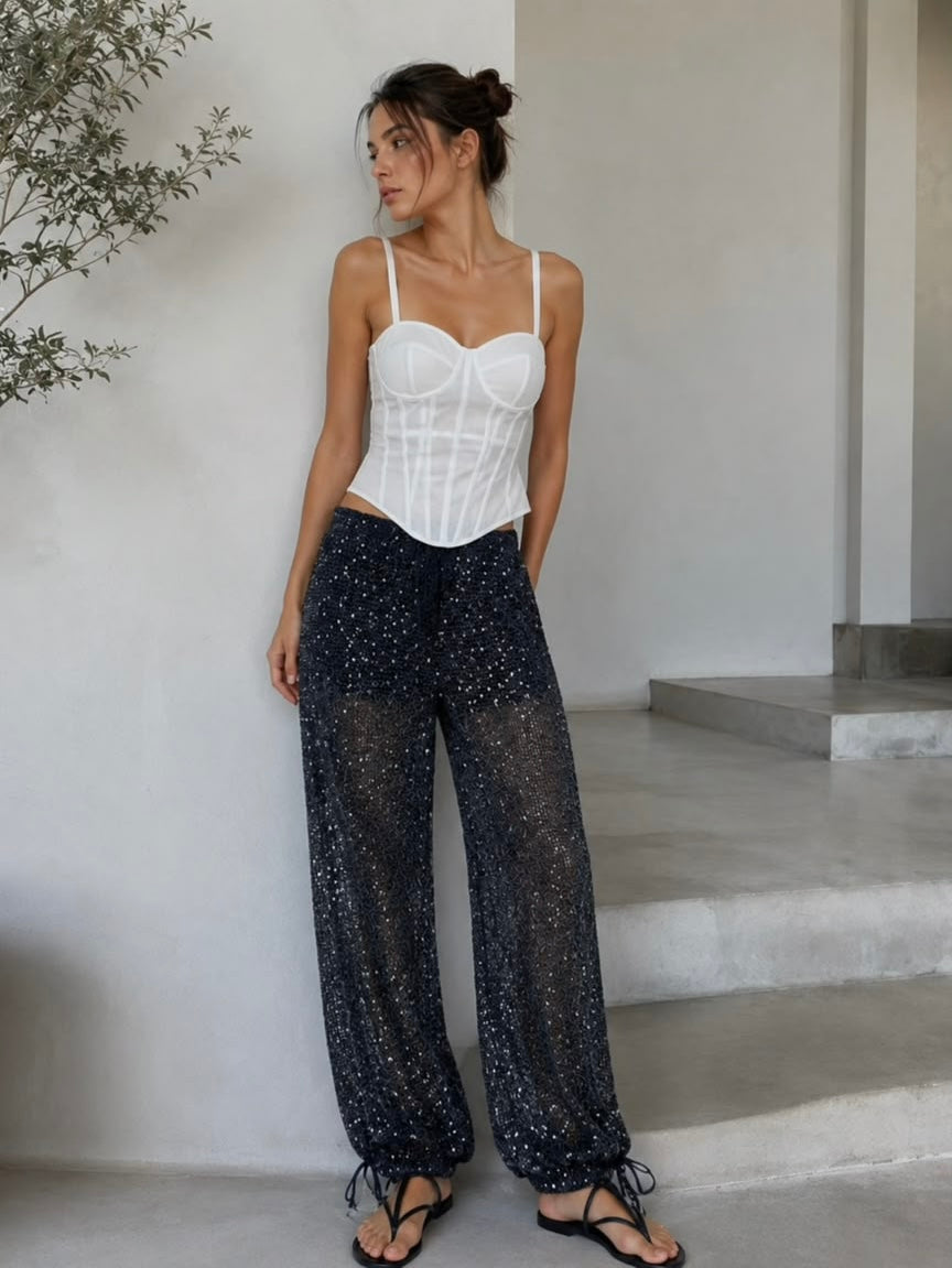 Sequin Mesh Wide Leg Trousers | Sparkle Beach Pants
