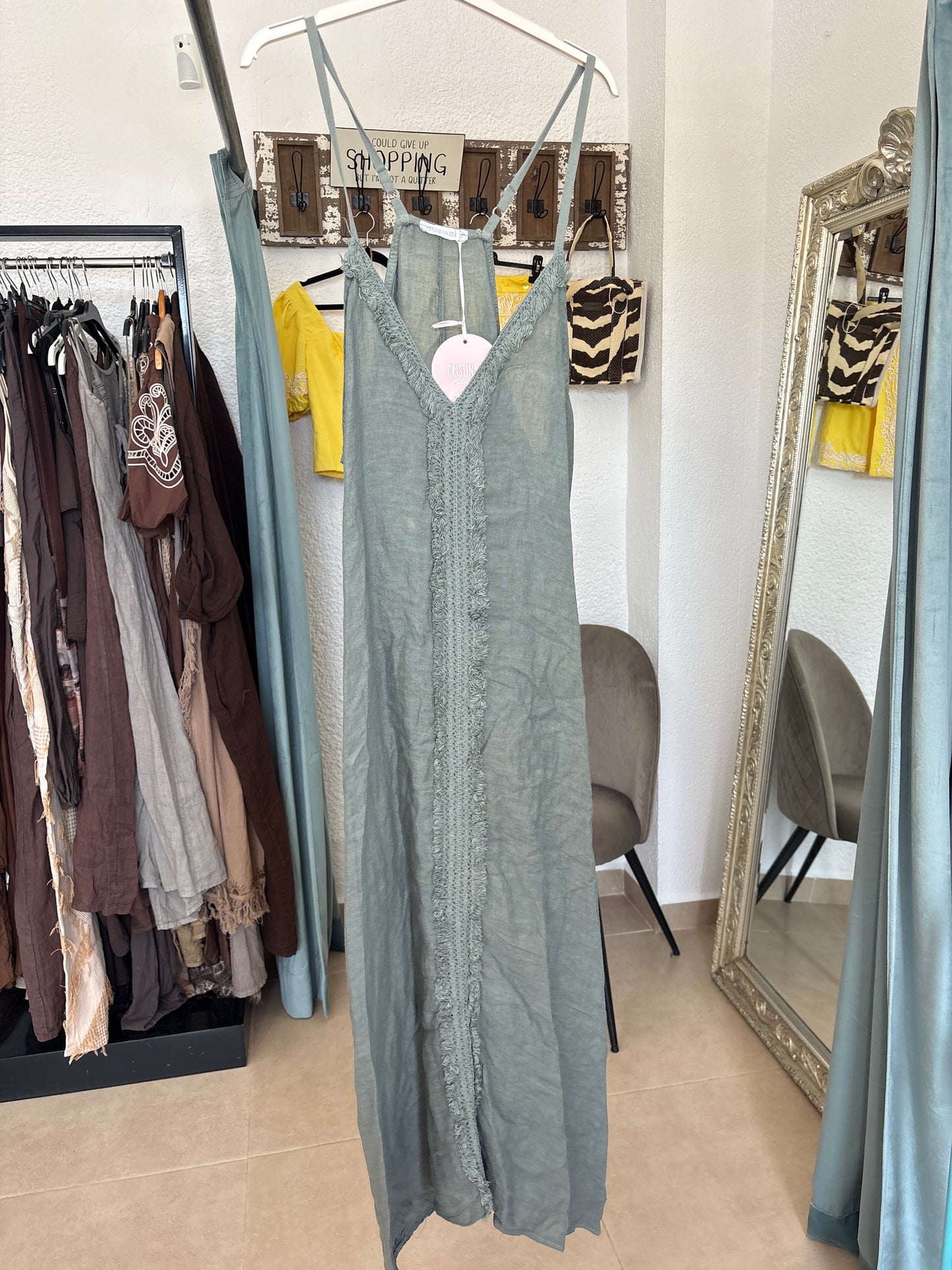 Linen Maxi Dress with Fringe Trim