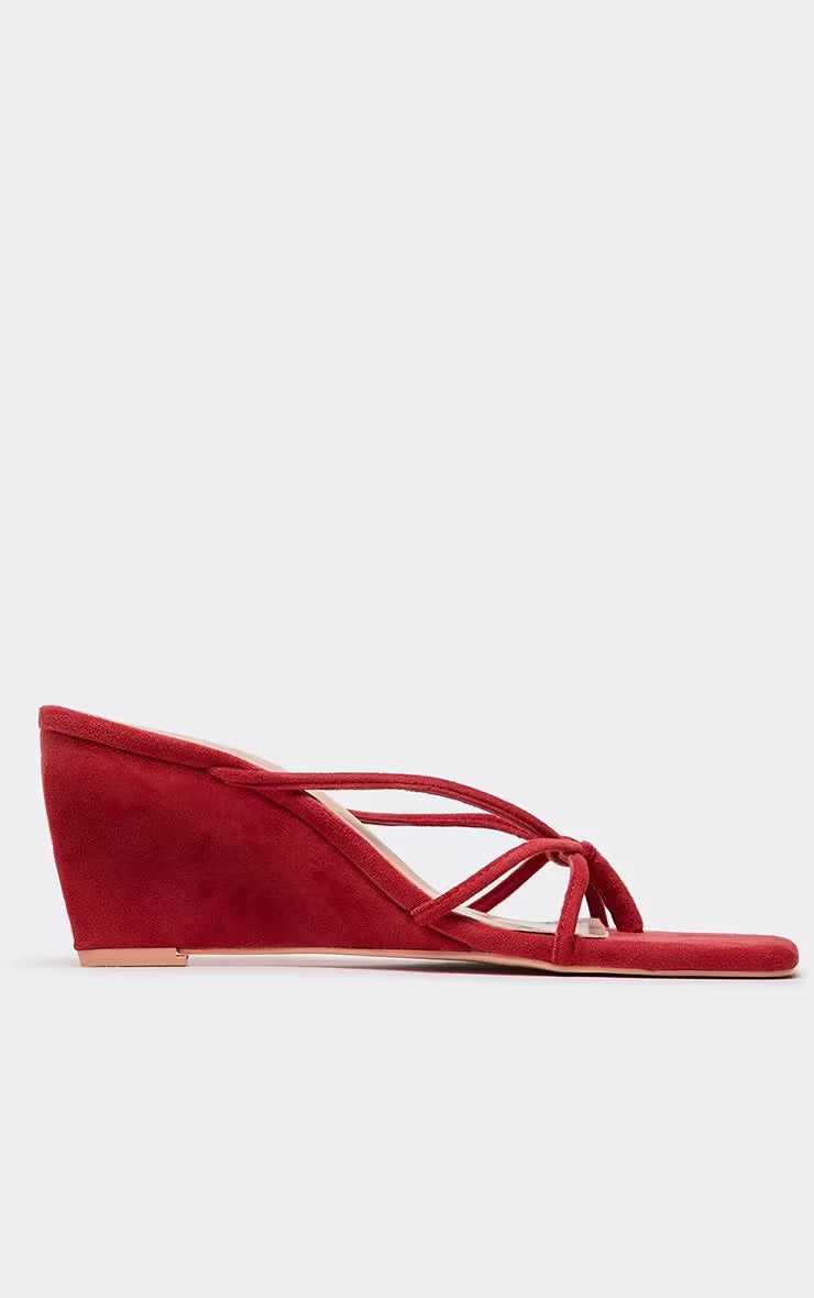 Red Faux Suede Strappy Wedge Mules