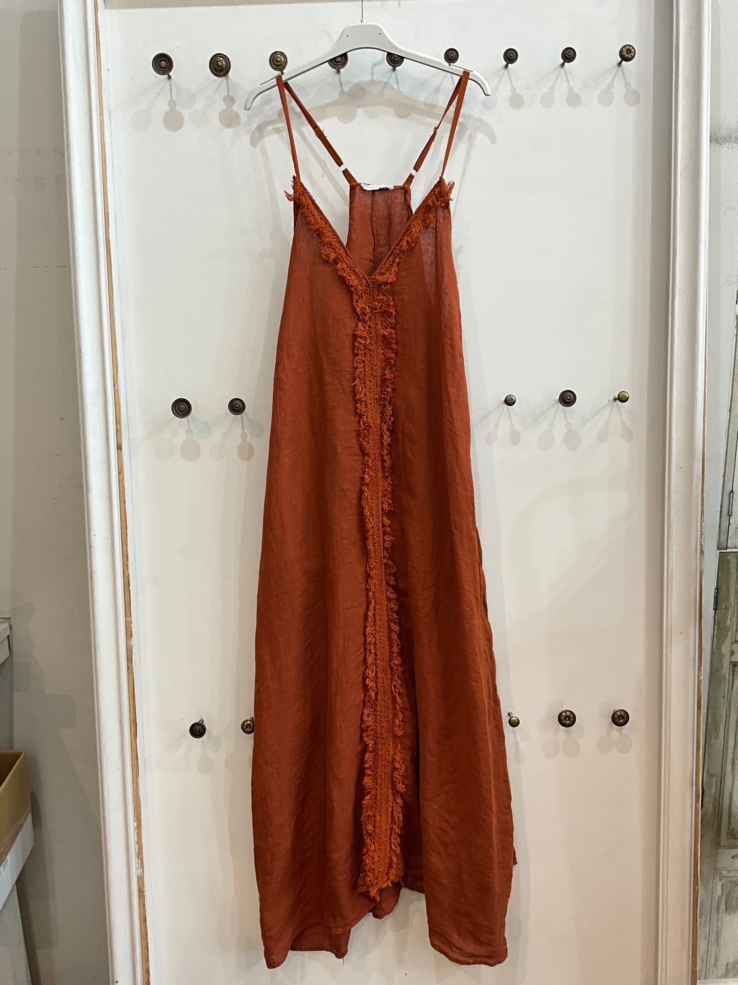 Linen Maxi Dress with Fringe Trim