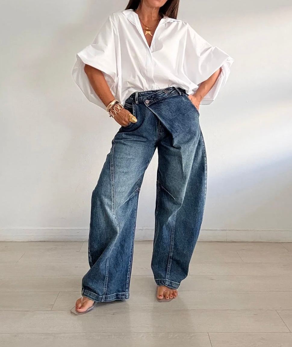 Asymmetric Wrap-Waist Balloon Leg Jeans