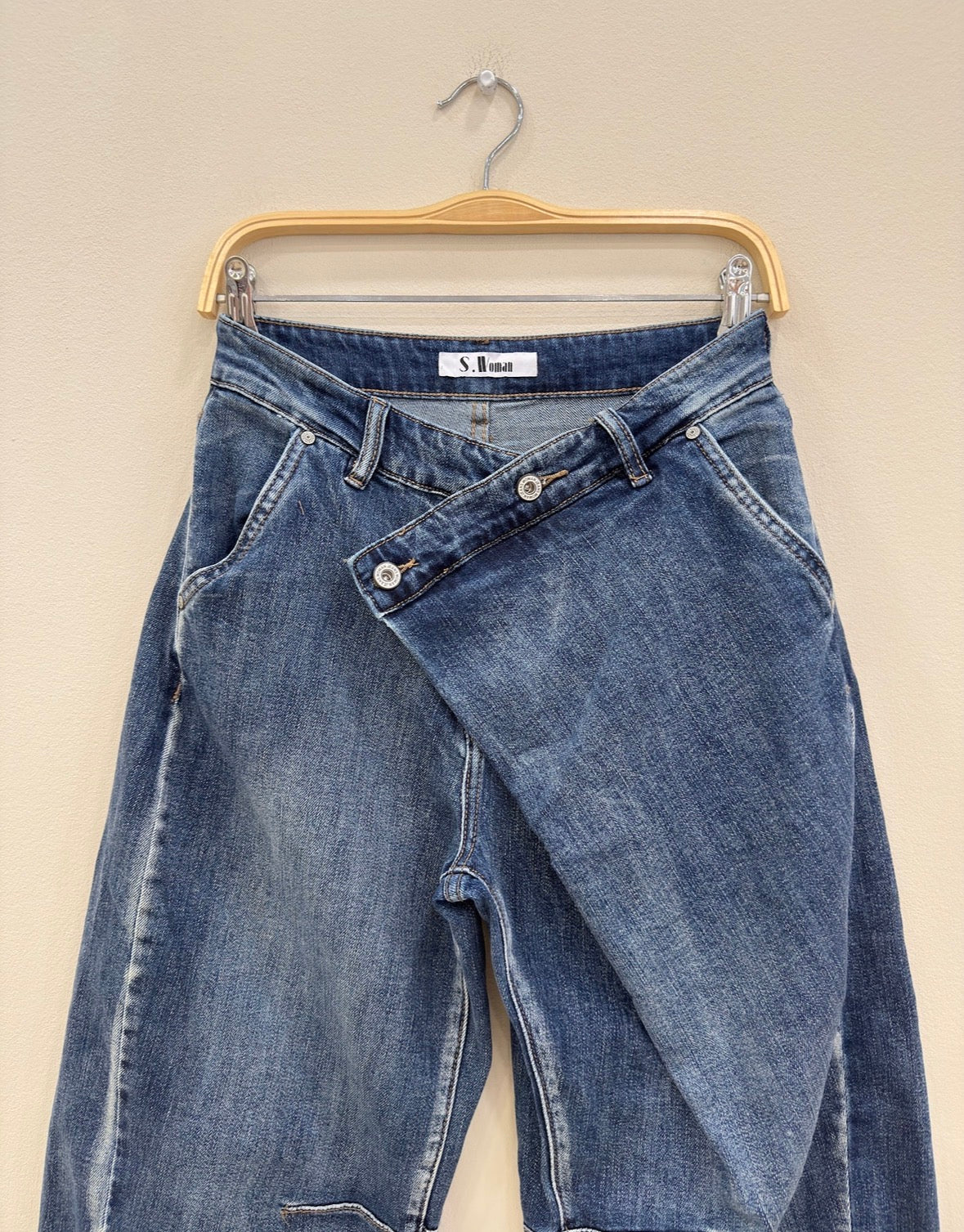 Asymmetric Wrap-Waist Balloon Leg Jeans