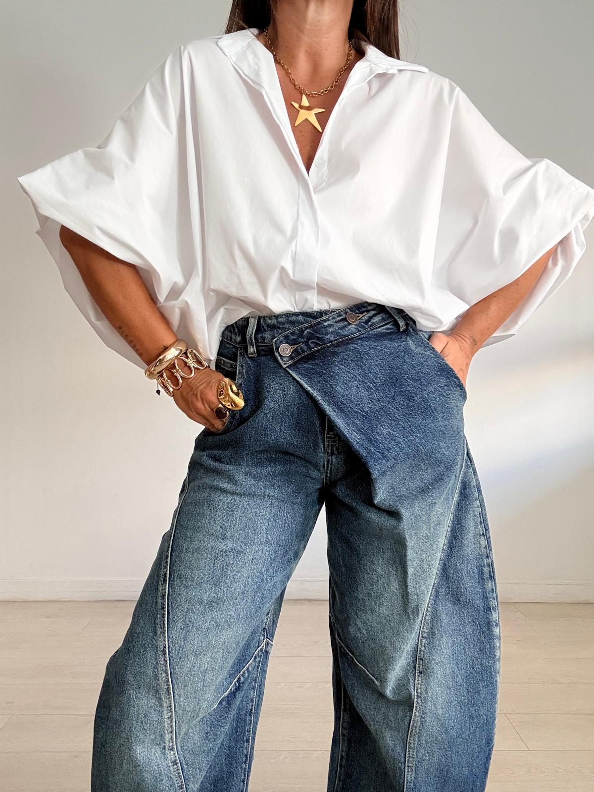 Asymmetric Wrap-Waist Balloon Leg Jeans
