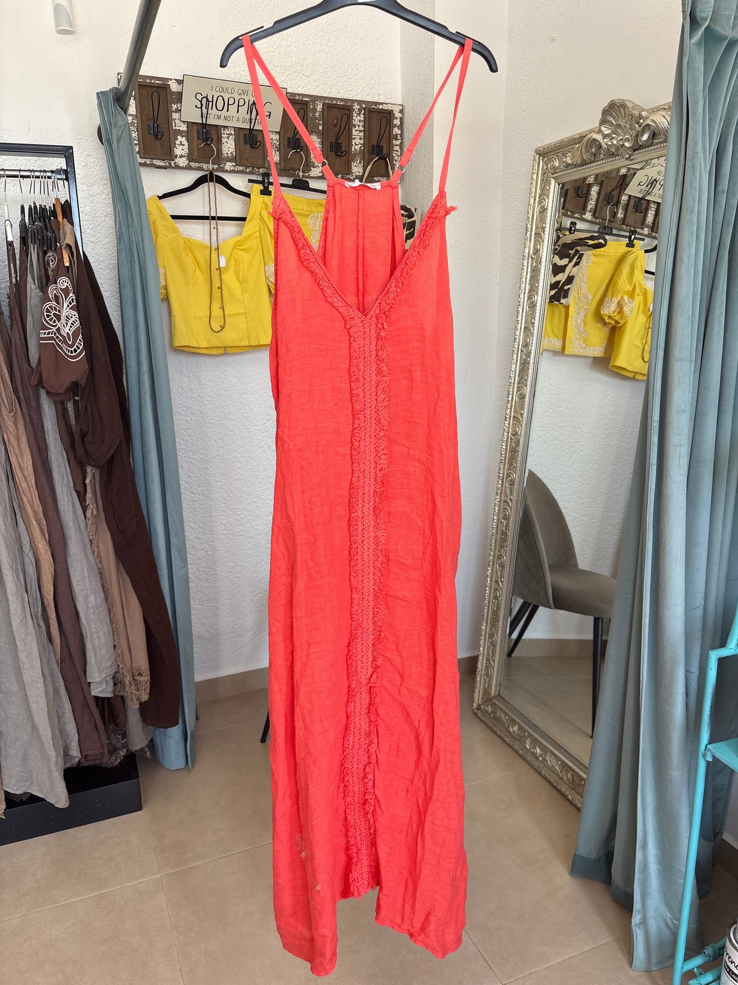 Linen Maxi Dress with Fringe Trim