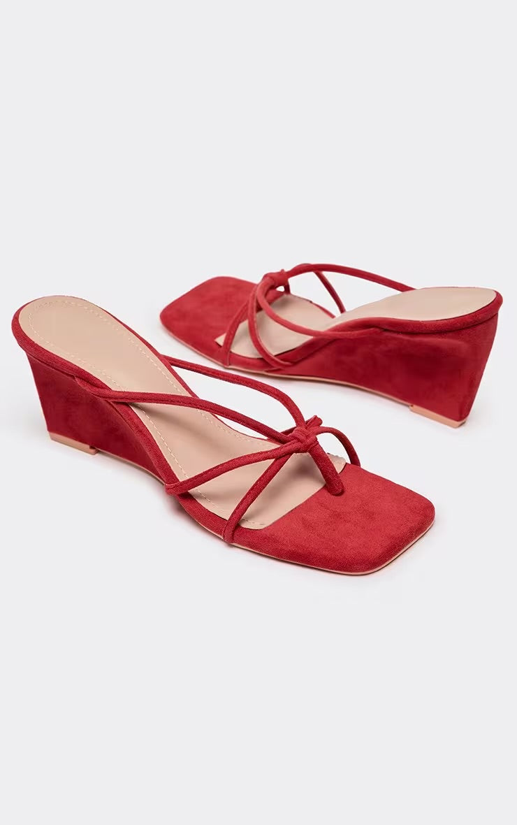 Red Faux Suede Strappy Wedge Mules