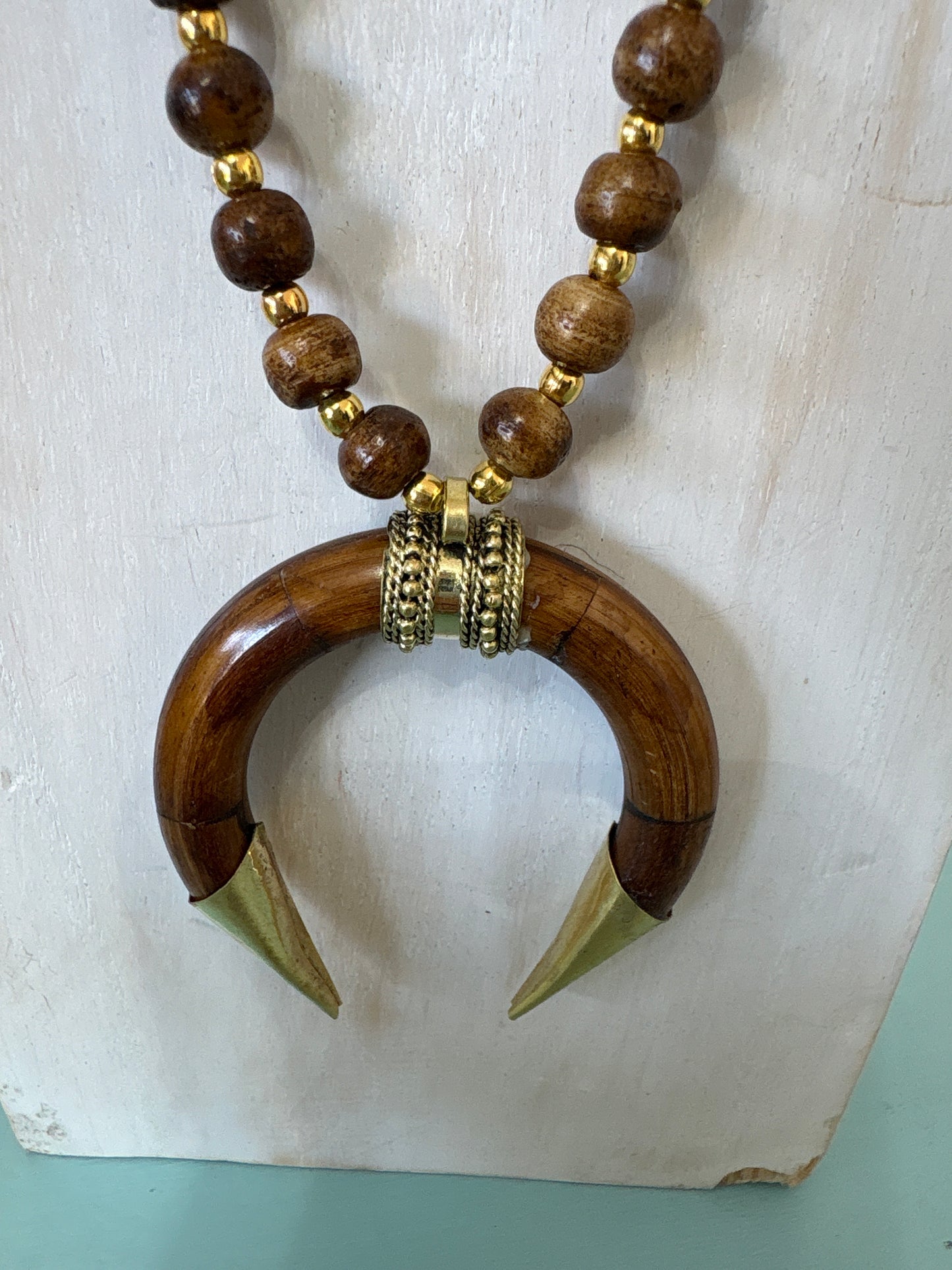 Boho wood and gold pendant necklace
