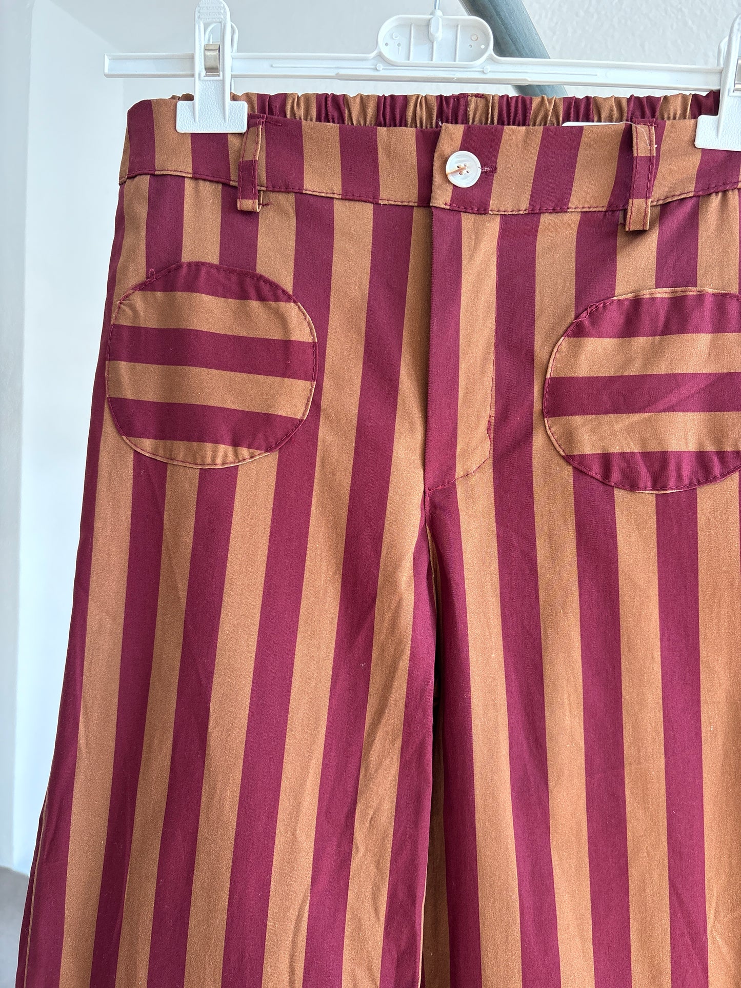 Striped Wide-Leg Trousers – Burgundy & Camel
