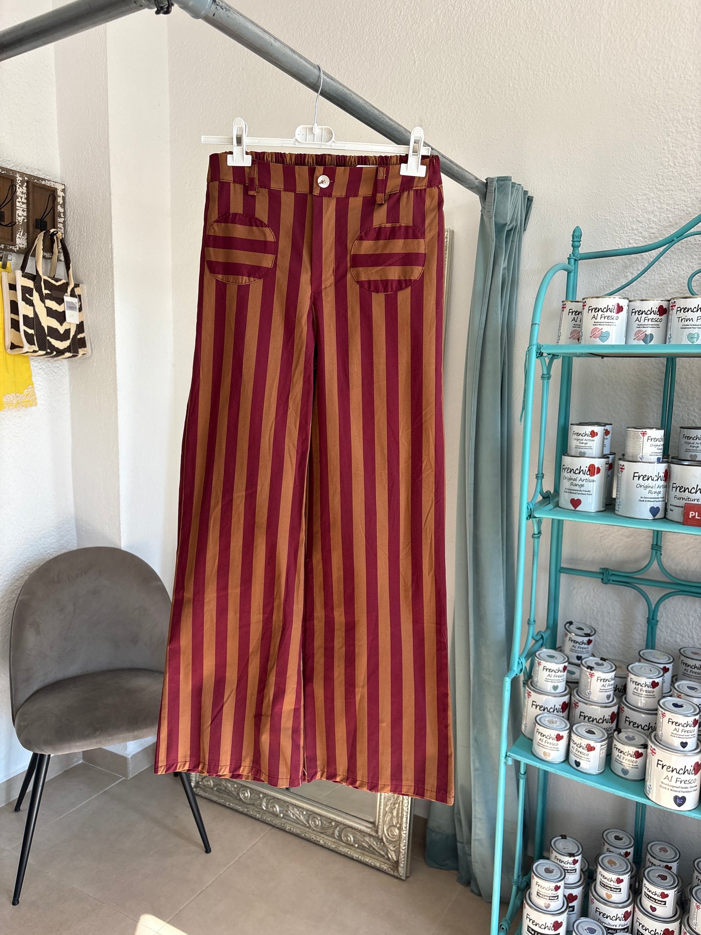 Striped Wide-Leg Trousers – Burgundy & Camel