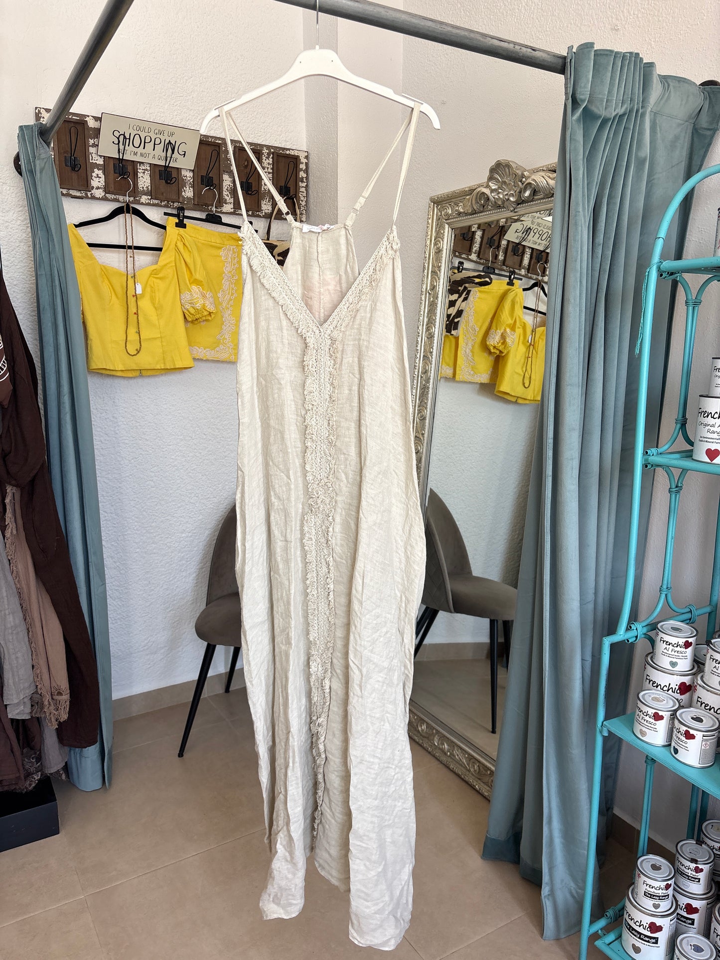 Linen Maxi Dress with Fringe Trim