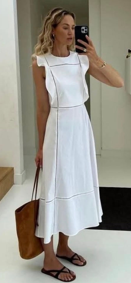 White Contrast Stitch Midi Dress