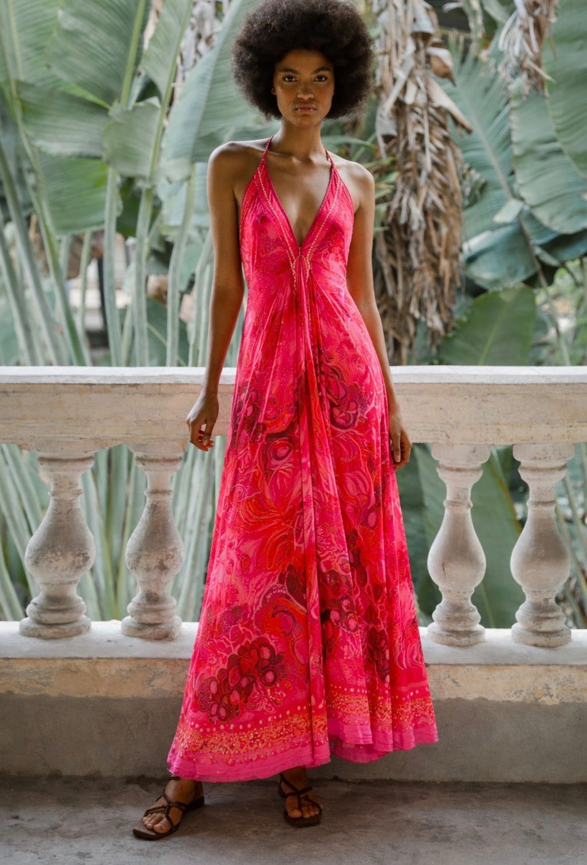 Pink & Orange Abstract Print Halter Maxi Dress