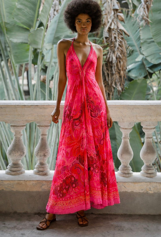 Pink & Orange Abstract Print Halter Maxi Dress